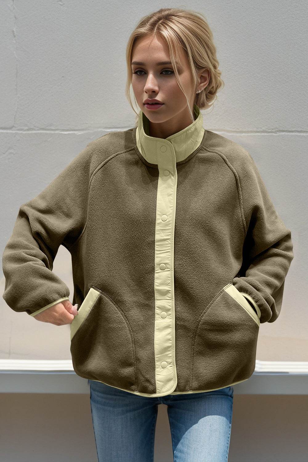 Double Take Snap Down Contrast Fleece Jacket with Pockets - Hovatok