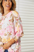 Double Take Floral Round Neck Three-Quarter Sleeve Top - Hovatok