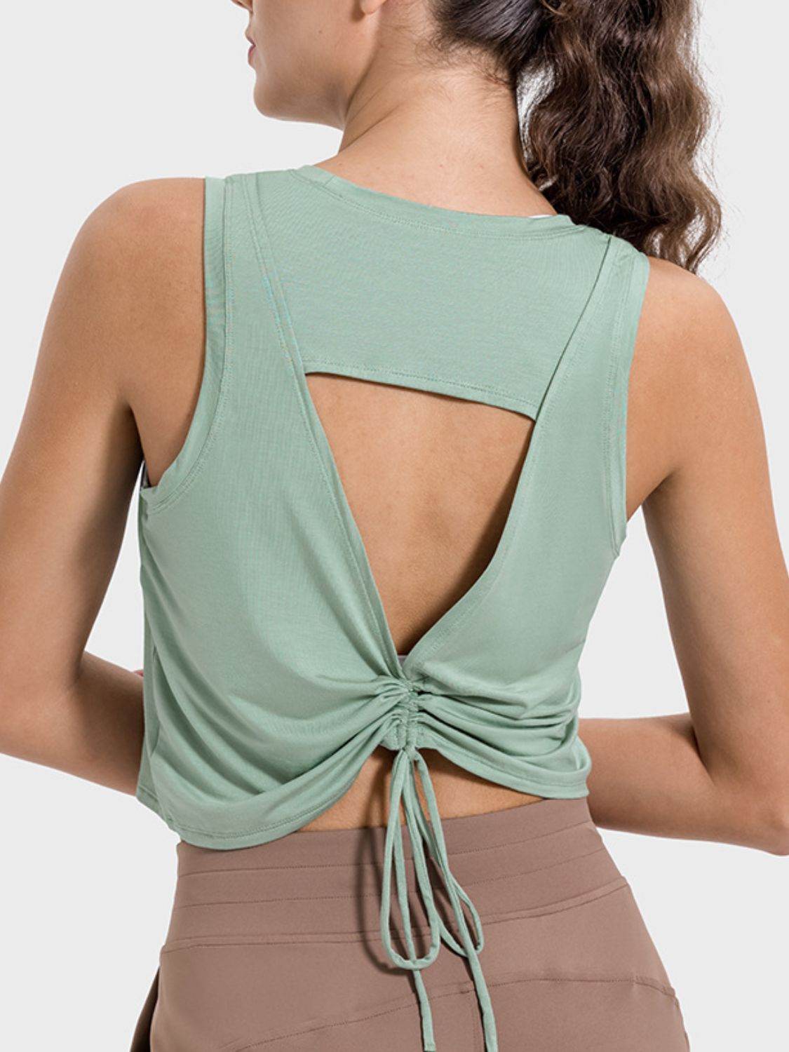 Millennia Drawstring Cutout Round Neck Active Tank - Hovatok
