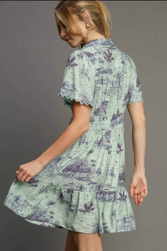 Umgee Full Size Landscape Print Collared Mini Dress Plus Size - Hovatok