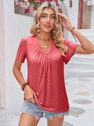 Double Take Ruched V-Neck Short Sleeve T-Shirt - Hovatok