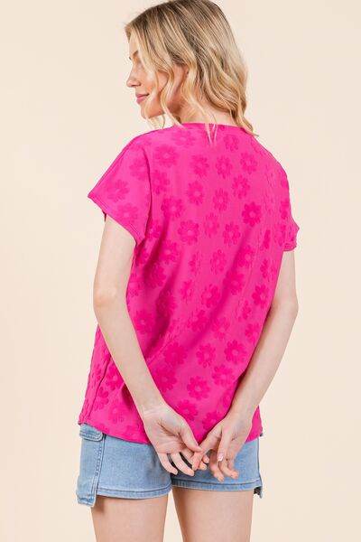 BOMBOM Textured Floral Pattern Short Sleeve T-Shirt - Hovatok