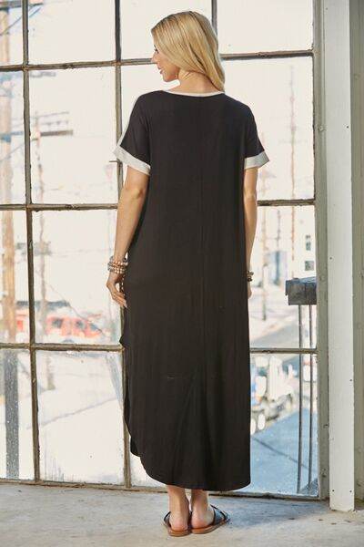 Celeste Full Size Leopard Color Block Short Sleeve Slit Maxi Dress with Pockets - Hovatok