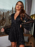 Sequin Surplice Long Sleeve Dress - Hovatok