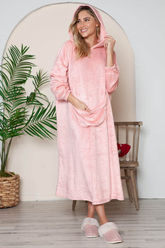Double Take Full Size Pocketed Hooded Midi Lounge Dress - Hovatok