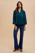Annie Wear Satin Notched Three-Quarter Sleeve Blouse - Hovatok