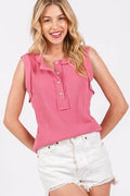 Ces Femme Stitch Detail Half Button Ribbed Tank - Hovatok