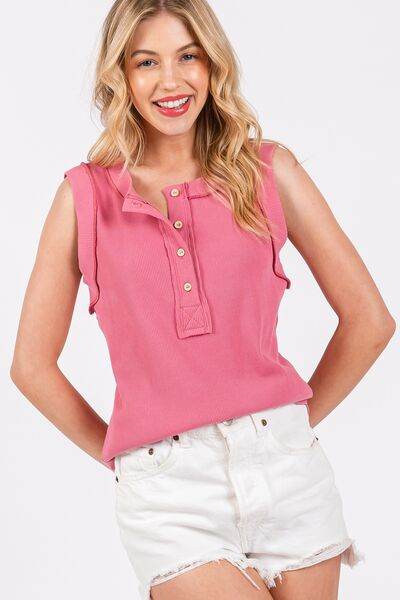 Ces Femme Stitch Detail Half Button Ribbed Tank - Hovatok