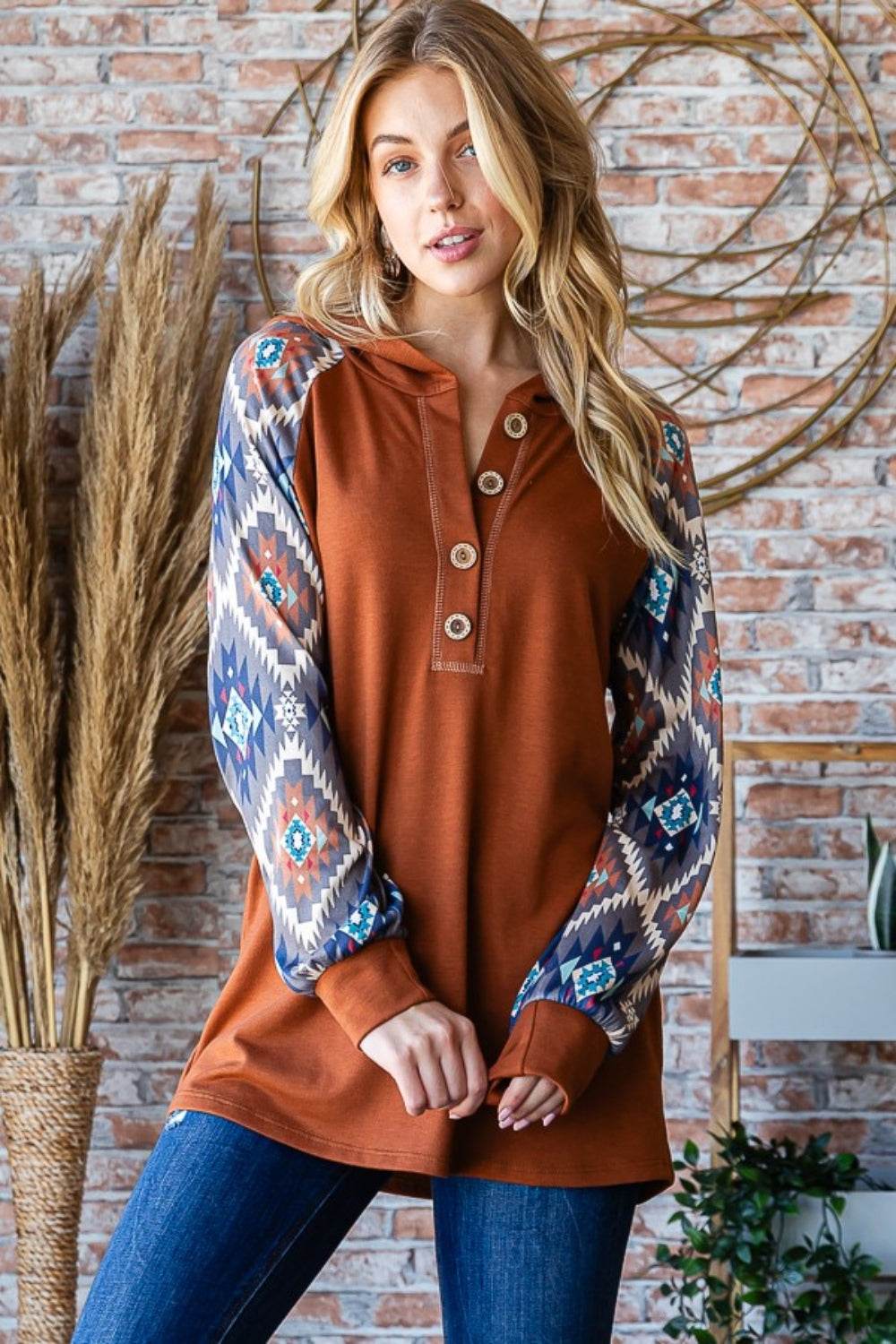Heimish Full Size Half Button Printed Long Sleeve Hooded Top - Hovatok