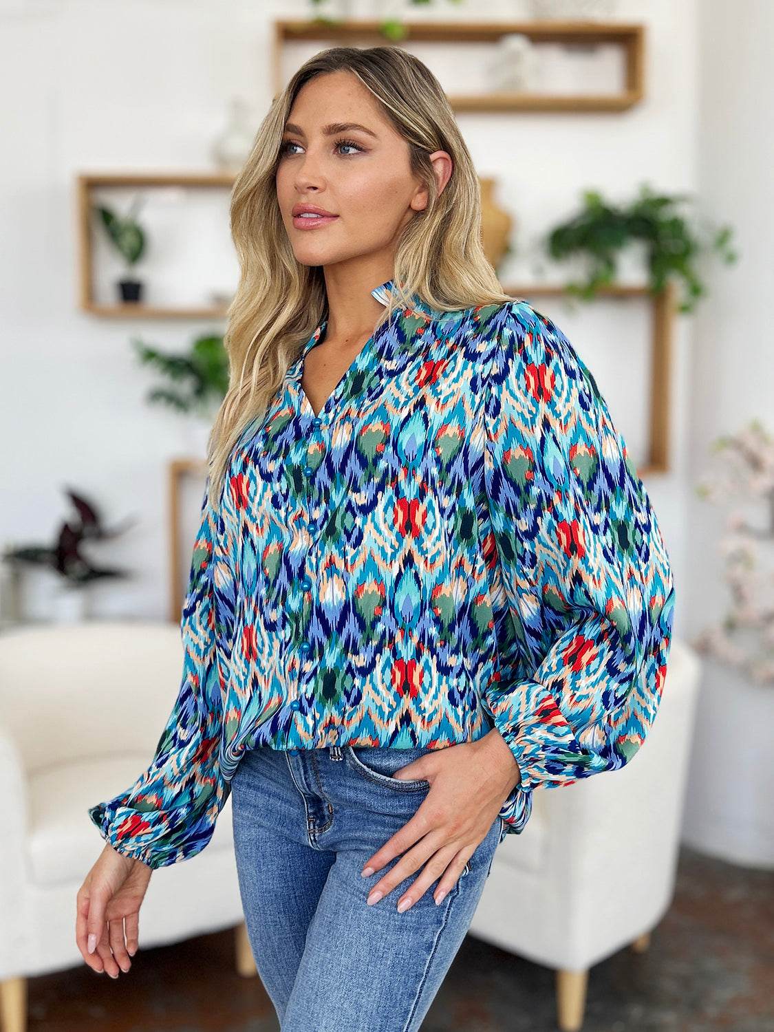 Double Take Full Size Printed Balloon Sleeve Blouse - Hovatok