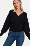 Zenana Cross Wrap Rib Long Sleeve Sweater - Hovatok