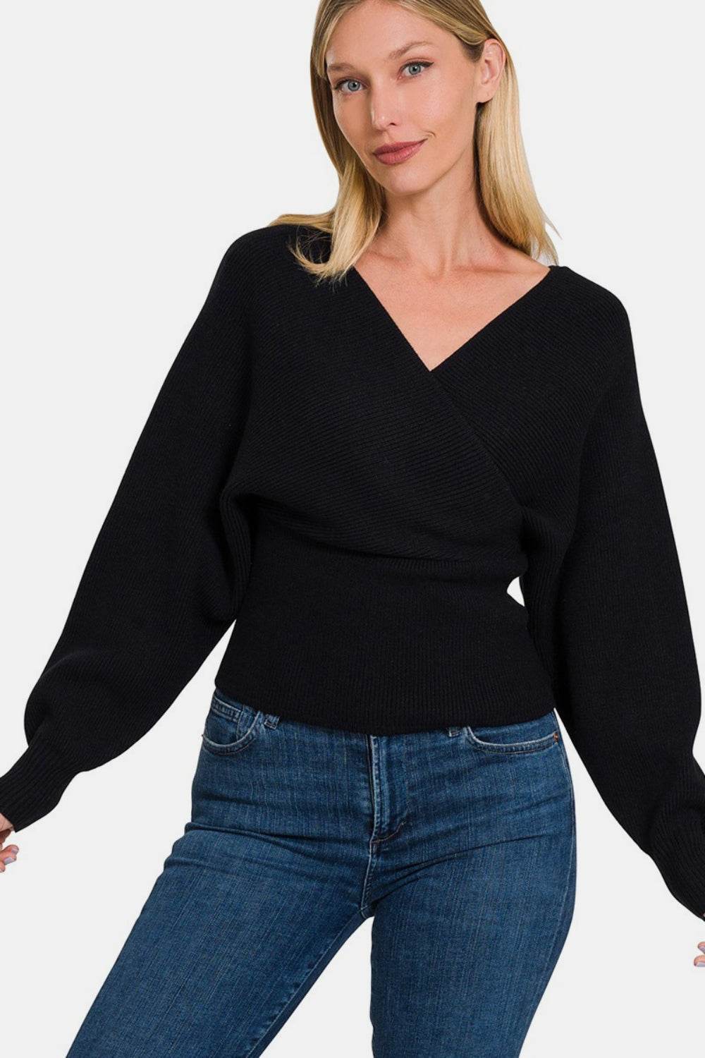 Zenana Cross Wrap Rib Long Sleeve Sweater - Hovatok