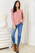 Double Take Square Neck Ruffle Shoulder Long Sleeve T-Shirt - Hovatok