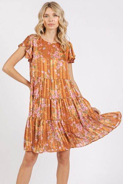 Mittoshop Flower Print Round Neck Flutter Sleeve Tiered Dress - Hovatok