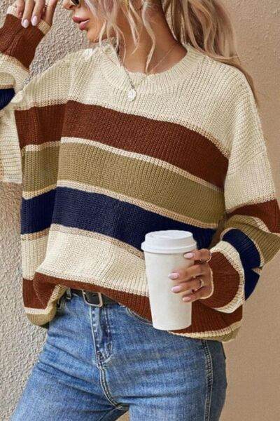 Contrast Striped Round Neck Long Sleeve Sweater - Hovatok