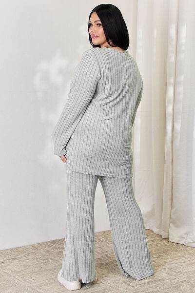 Basic Bae Full Size Ribbed High-Low Top and Wide Leg Pants Set - Hovatok