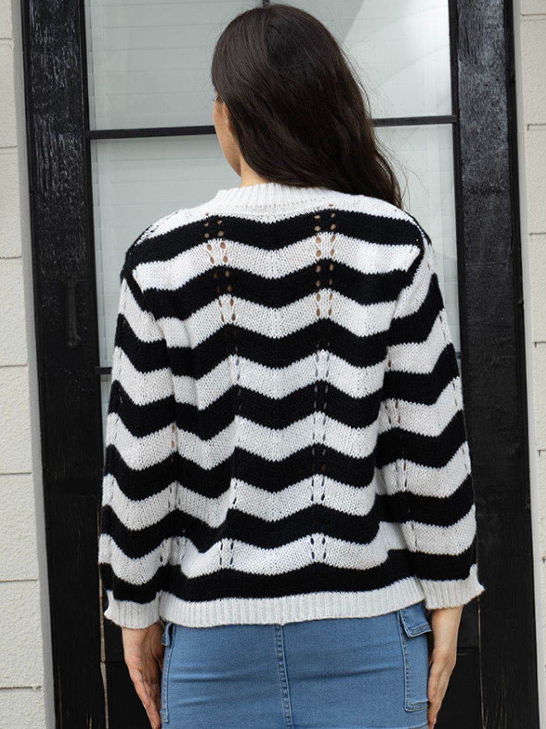 Openwork Striped V-Neck Sweater - Hovatok