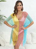 Fringe Color Block Scoop Neck Cover Up - Hovatok