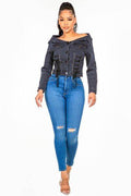 American Bazi Off Shoulder Lace Up Denim Jacket - Hovatok