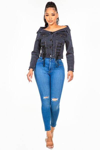 American Bazi Off Shoulder Lace Up Denim Jacket - Hovatok