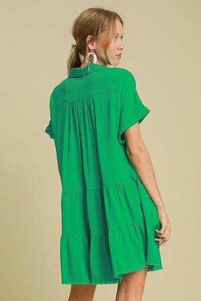 Umgee Full Size Raw Hem Folded Sleeve Tiered Dress Plus Size - Hovatok