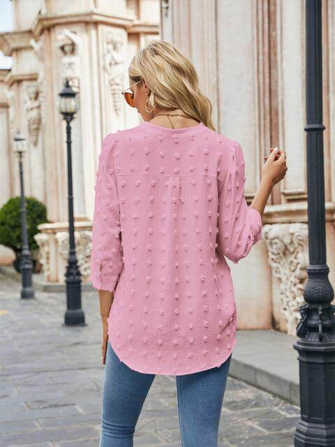 Swiss Dot Notched Neck Blouse - Hovatok