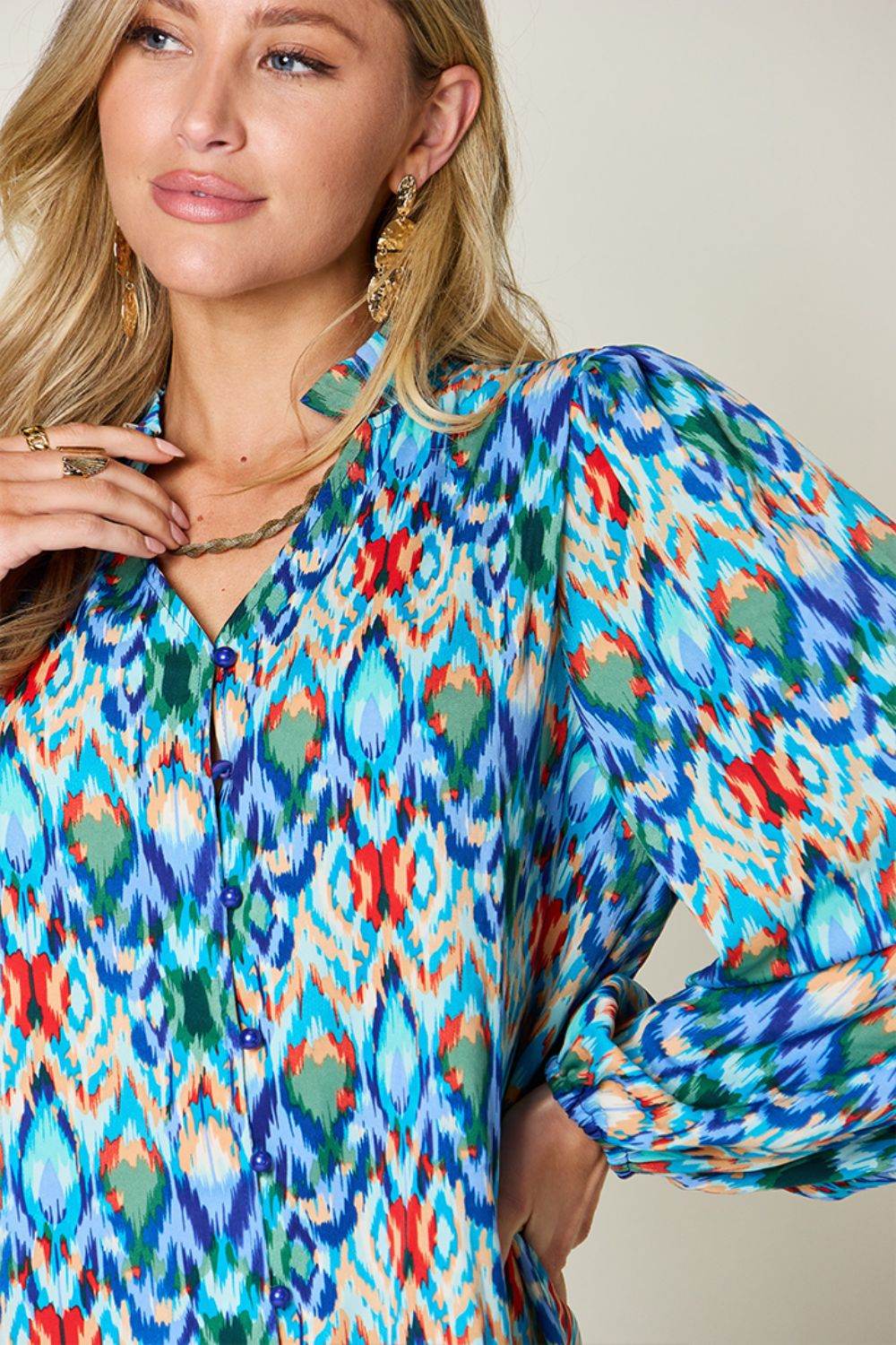 Double Take Full Size Printed Balloon Sleeve Blouse - Hovatok