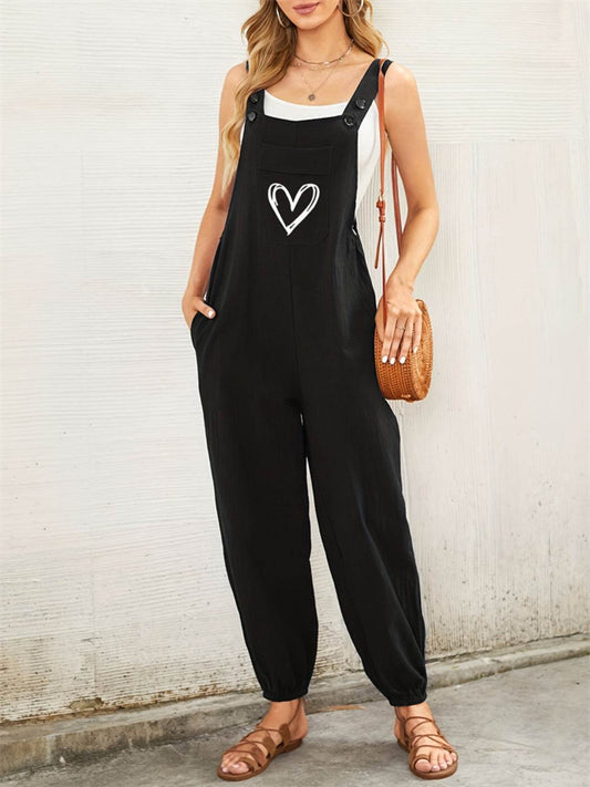 Heart Square Neck Wide Strap Overalls - Hovatok