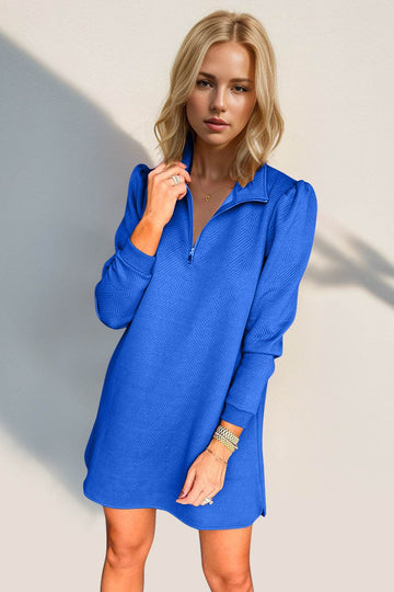 Double Take Textured Quarter Zip Long Sleeve Dress - Hovatok