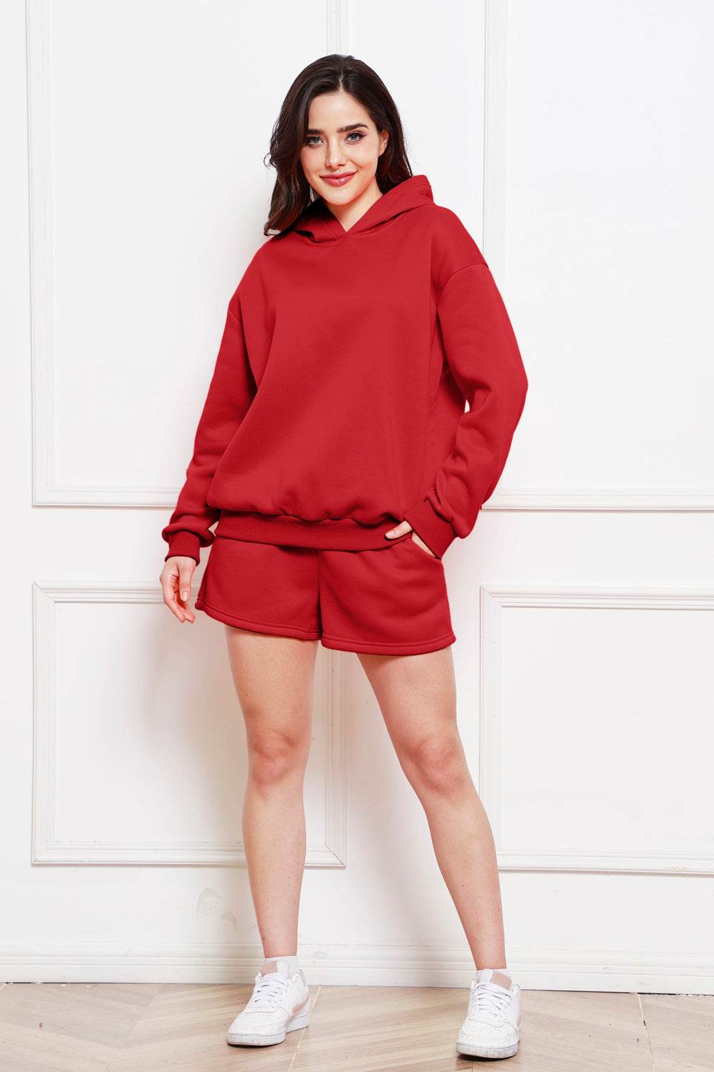Drop Shoulder Long Sleeve Hoodie and Shorts Set - Hovatok