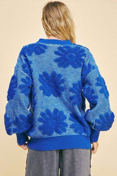 Davi & Dani Flower Texture Round Neck Dropped Shoulder Sweater - Hovatok