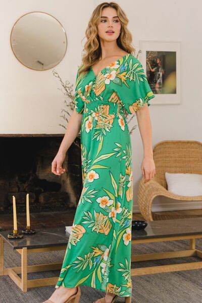 ODDI Full Size Floral Smocked Tied Back Maxi Dress - Hovatok