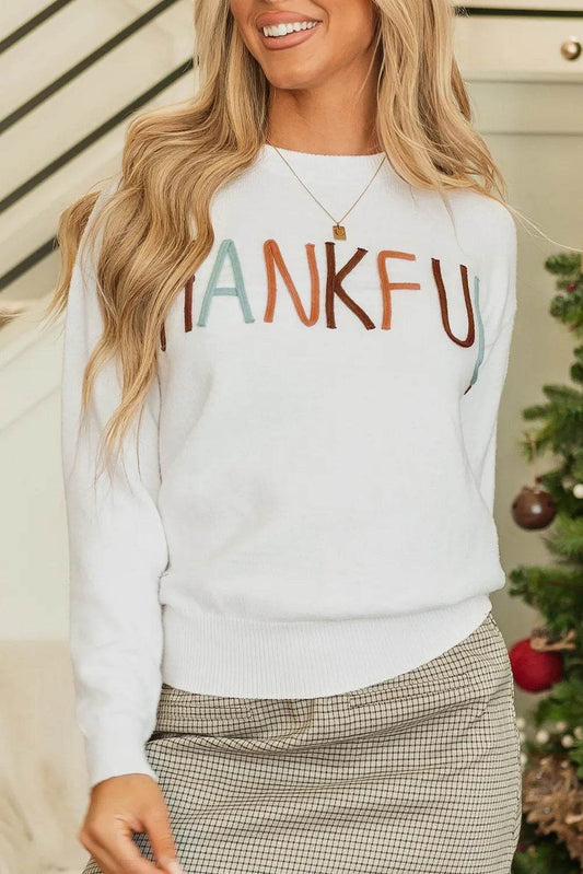 THANKFUL Round Neck Long Sleeve Knit Top - Hovatok