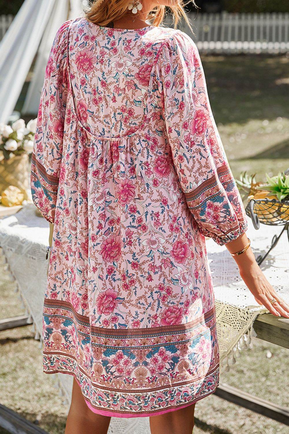 Devine Printed Tie Neck Mini Dress - Hovatok