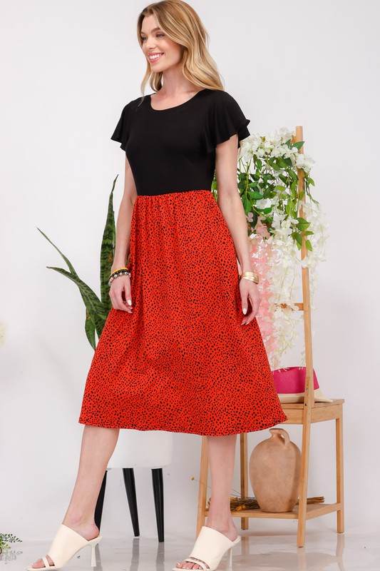 Celeste Full Size Two Tone Animal Print Flutter Sleeve Midi Dress Plus Size - Hovatok