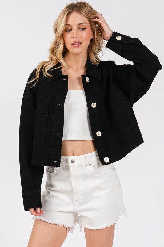 bytos Button Down Cropped Denim Jacket with Patch Pockets - Hovatok