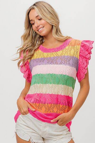 BiBi Pointelle Striped Ruffled Knit Top - Hovatok