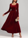 Velvet Square Neck Long Sleeve Dress - Hovatok