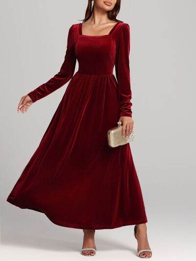 Velvet Square Neck Long Sleeve Dress - Hovatok