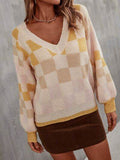 Angel Wings Checkered V-Neck Lantern Sleeve Sweater - Hovatok