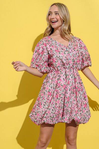 And The Why Full Size Floral Surplice Puff Sleeve Dress - Hovatok