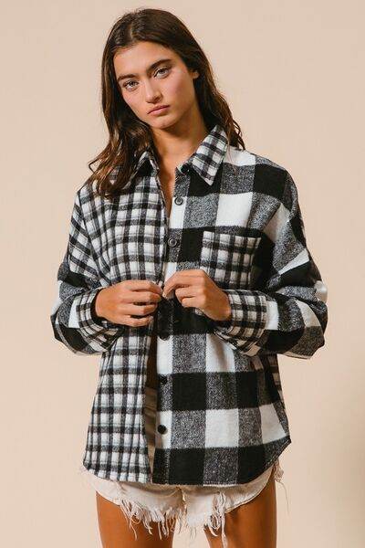 BiBi Plaid Fleece Button Down Long Sleeve Shirt - Hovatok