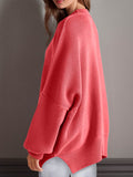 Double Take Side Slit Round Neck Long Sleeve Sweater - Hovatok