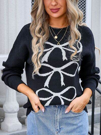 Angel Wings Bow Graphic Round Neck Long Sleeve Sweater - Hovatok