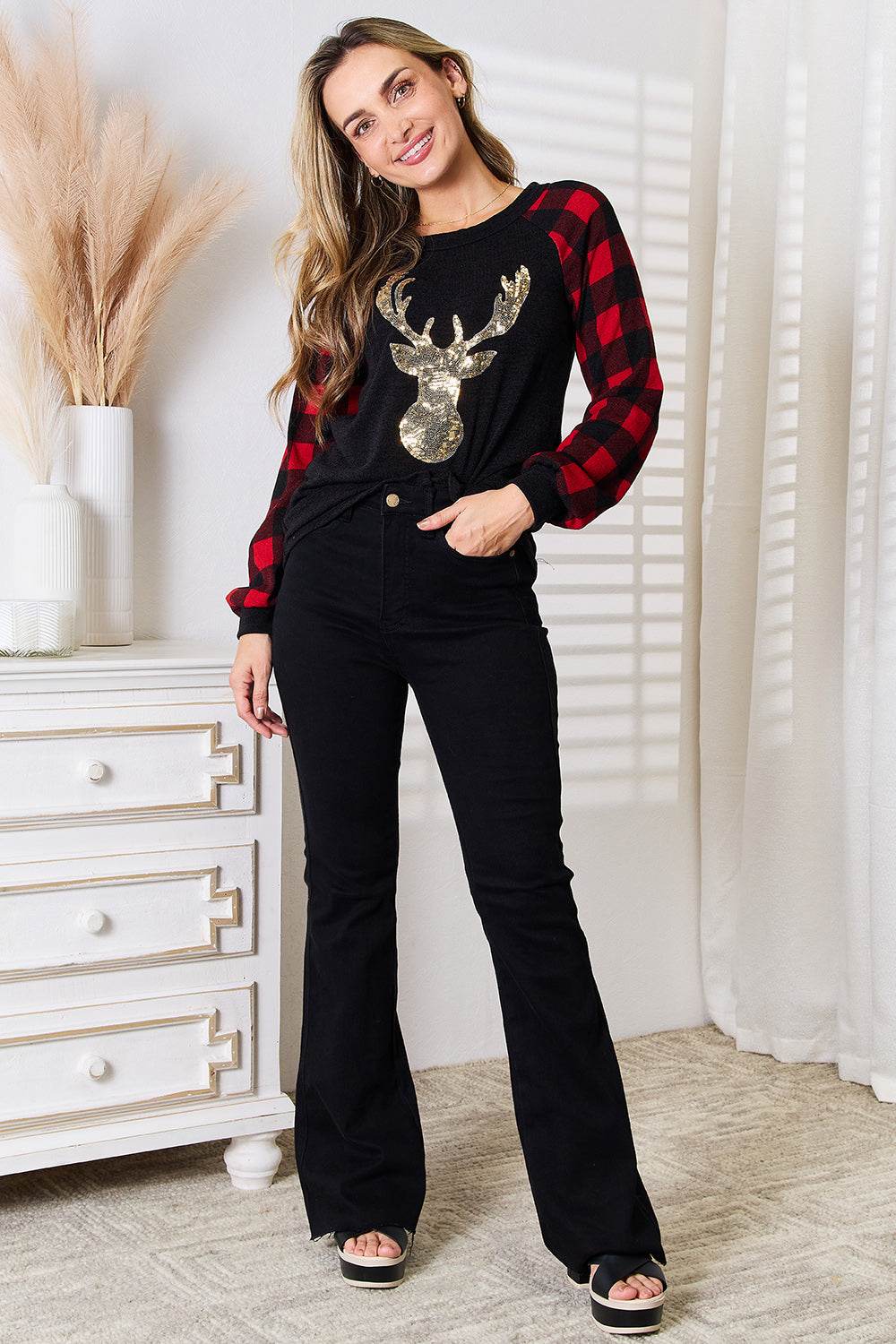 Heimish Full Size Sequin Reindeer Graphic Plaid Top - Hovatok