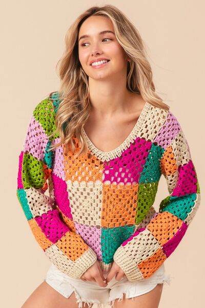 BiBi Multi Color Checkered Long Sleeve Knit Top - Hovatok