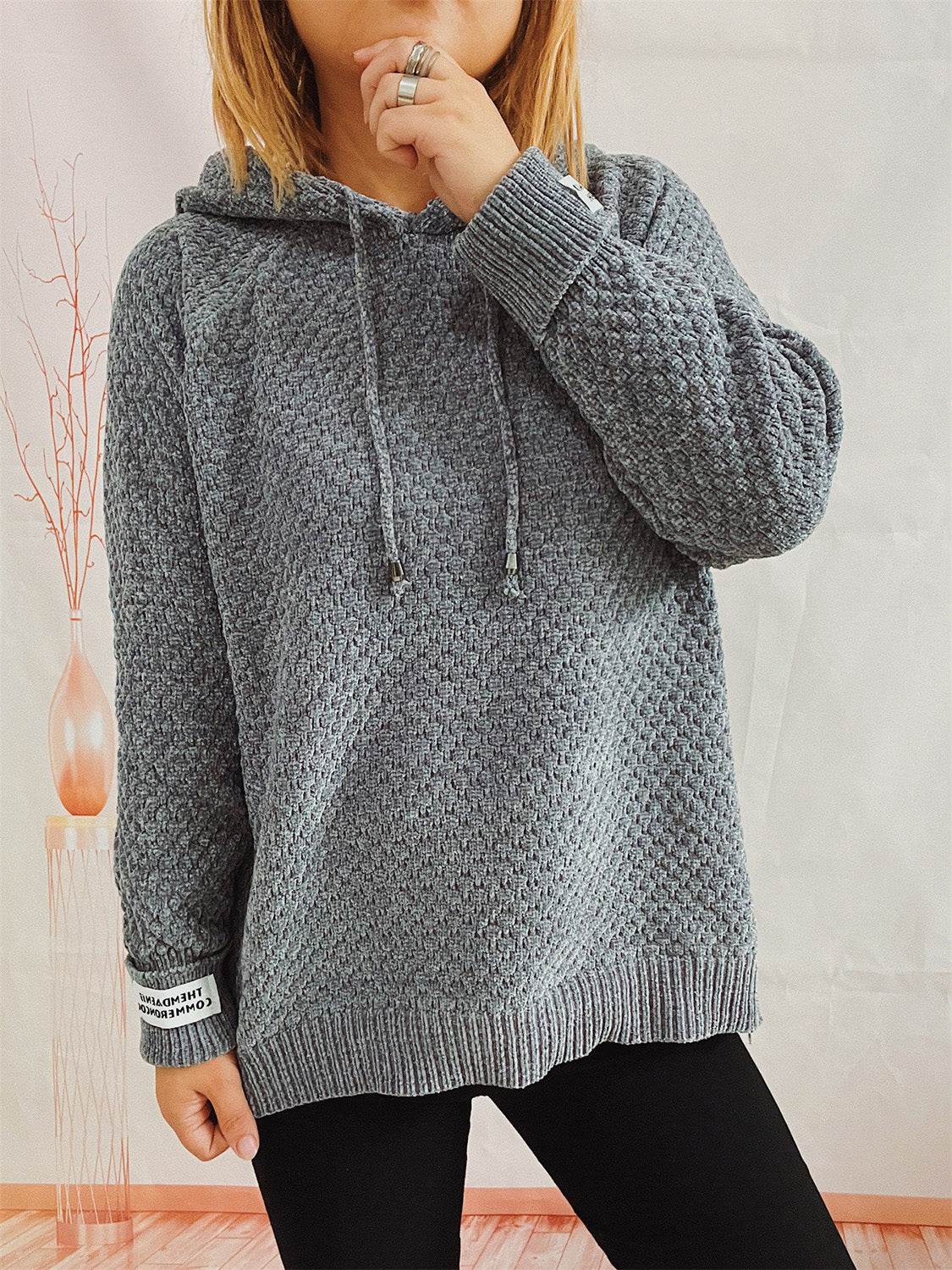 Drawstring Long Sleeve Hooded Sweater - Hovatok