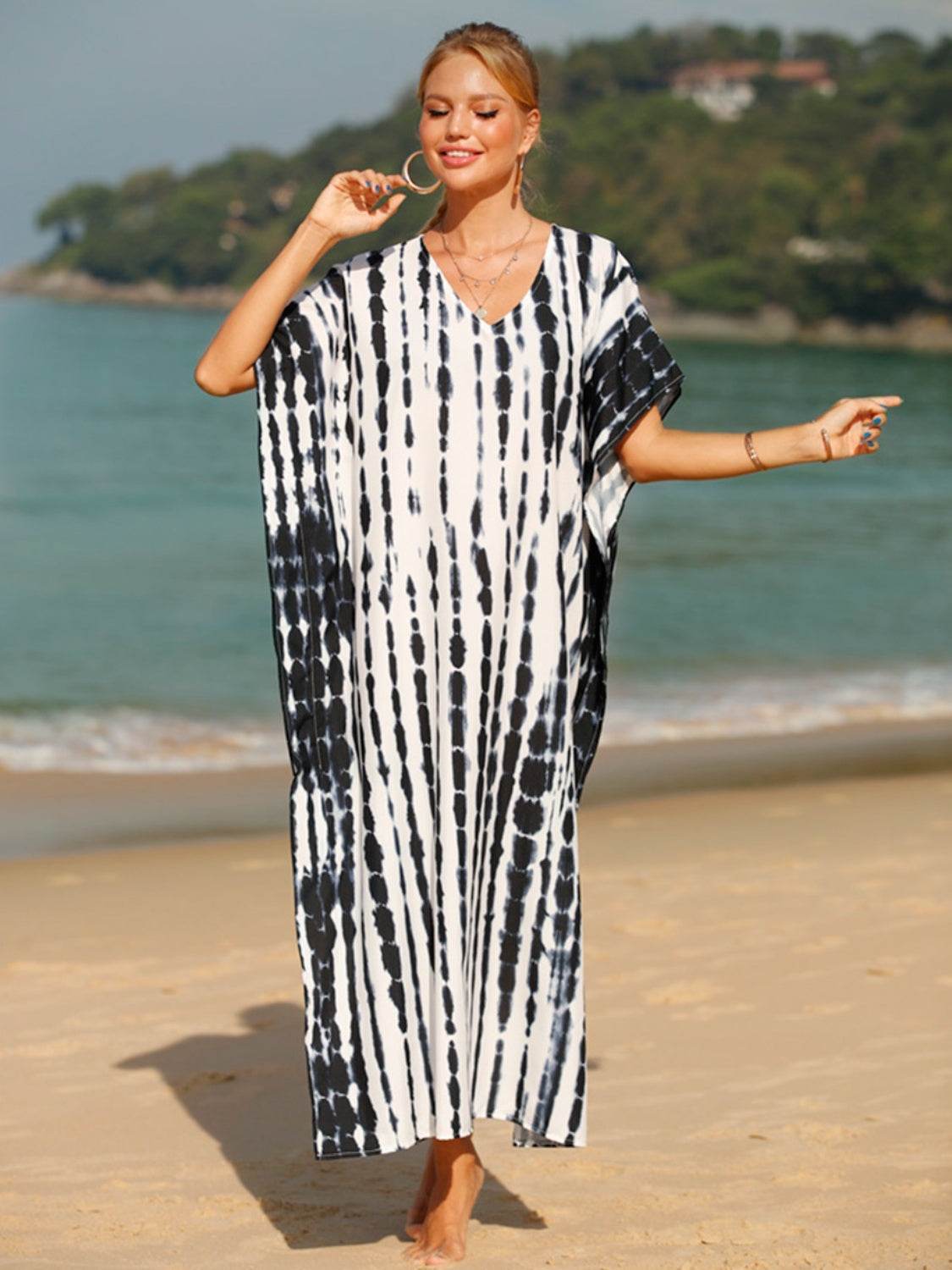 Tie-Dye V-Neck Half Sleeve Cover-Up - Hovatok