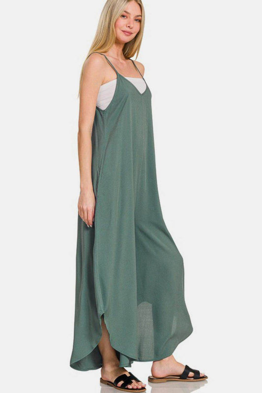 Zenana Sleeveless Curved Hem Wide Leg Overalls with Pockets - Hovatok