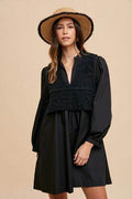 Annie Wear Crochet Vest Notched Long Sleeve Shirt Dress - Hovatok